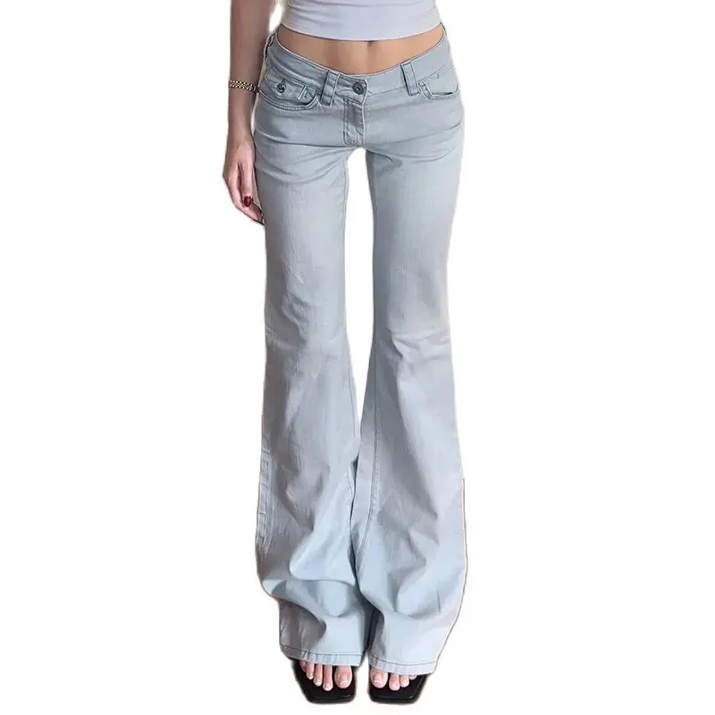 Rockmore High Street Low Rise Flare Jeans for Woman Y2K Aesthetic Basic Skinny Jean Pants Vintage Washed Denim Trousers Korean