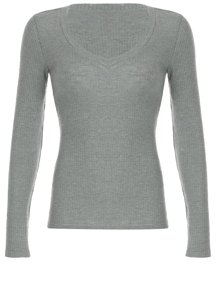 Rockmore Solid V-neck T-shirts for Women Ribbed Knit Long Sleeve Skinny Stretch Basic Tops Autumn Casual T Shirt Korean Fashion