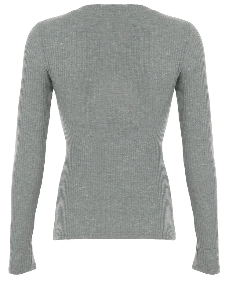 Rockmore Solid V-neck T-shirts for Women Ribbed Knit Long Sleeve Skinny Stretch Basic Tops Autumn Casual T Shirt Korean Fashion