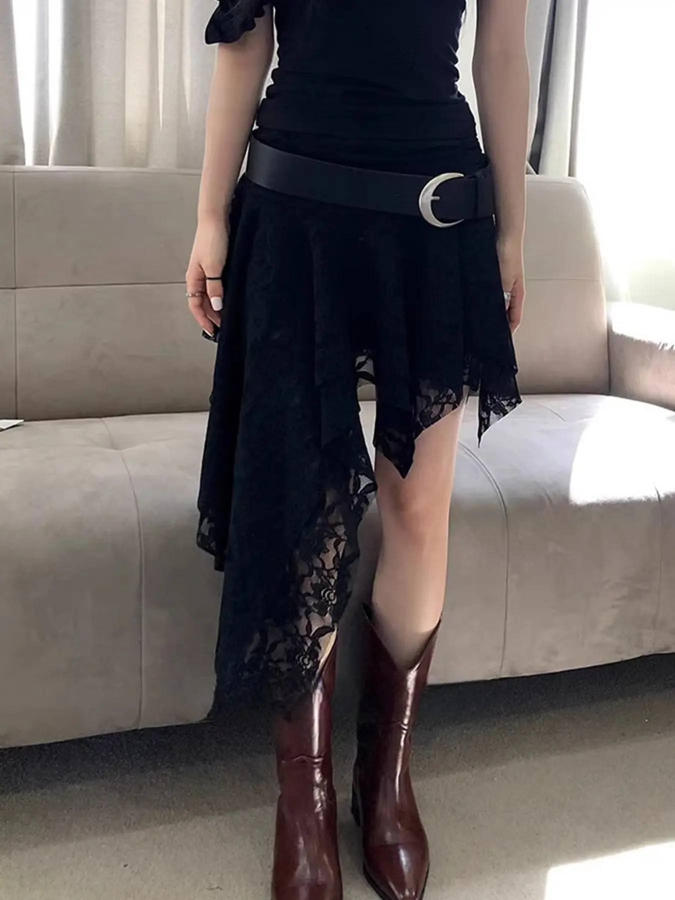 Rockmore Asymmetrical Lace Skirt Women Goth Street Ruffle Hem Mini Skirt Korean Harajuku Tiered Layer Pleated Skirts 90s Grunge