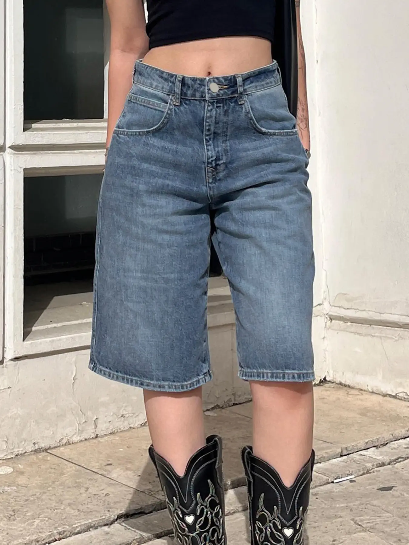 Rockmore Y2k Aesthetic Bermuda Denim Shorts 90s Vintage Low Rise Wide Leg Knee Length Jean Shorts Women Cowgirl Baggy Jorts