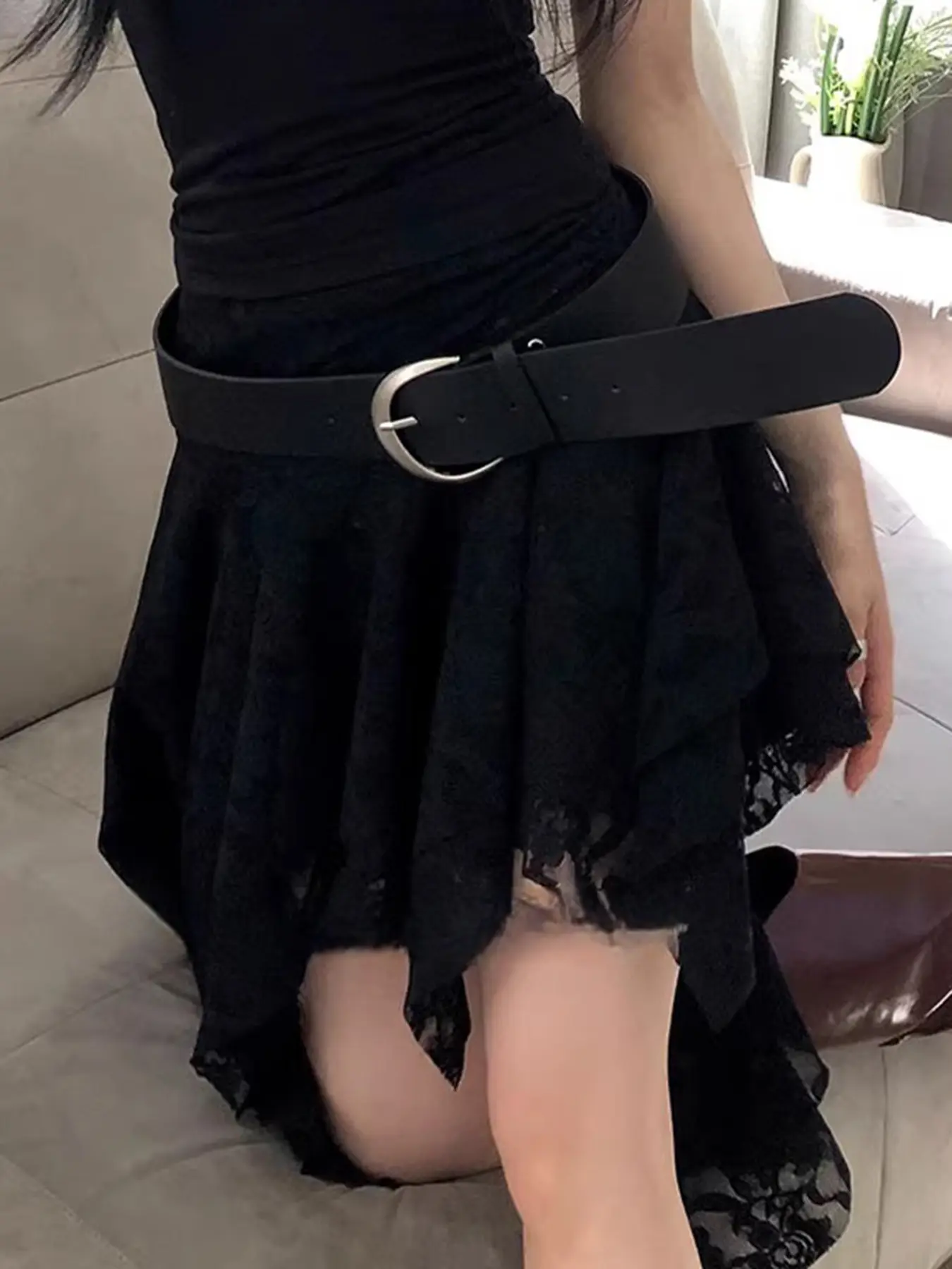 Rockmore Asymmetrical Lace Skirt Women Goth Street Ruffle Hem Mini Skirt Korean Harajuku Tiered Layer Pleated Skirts 90s Grunge