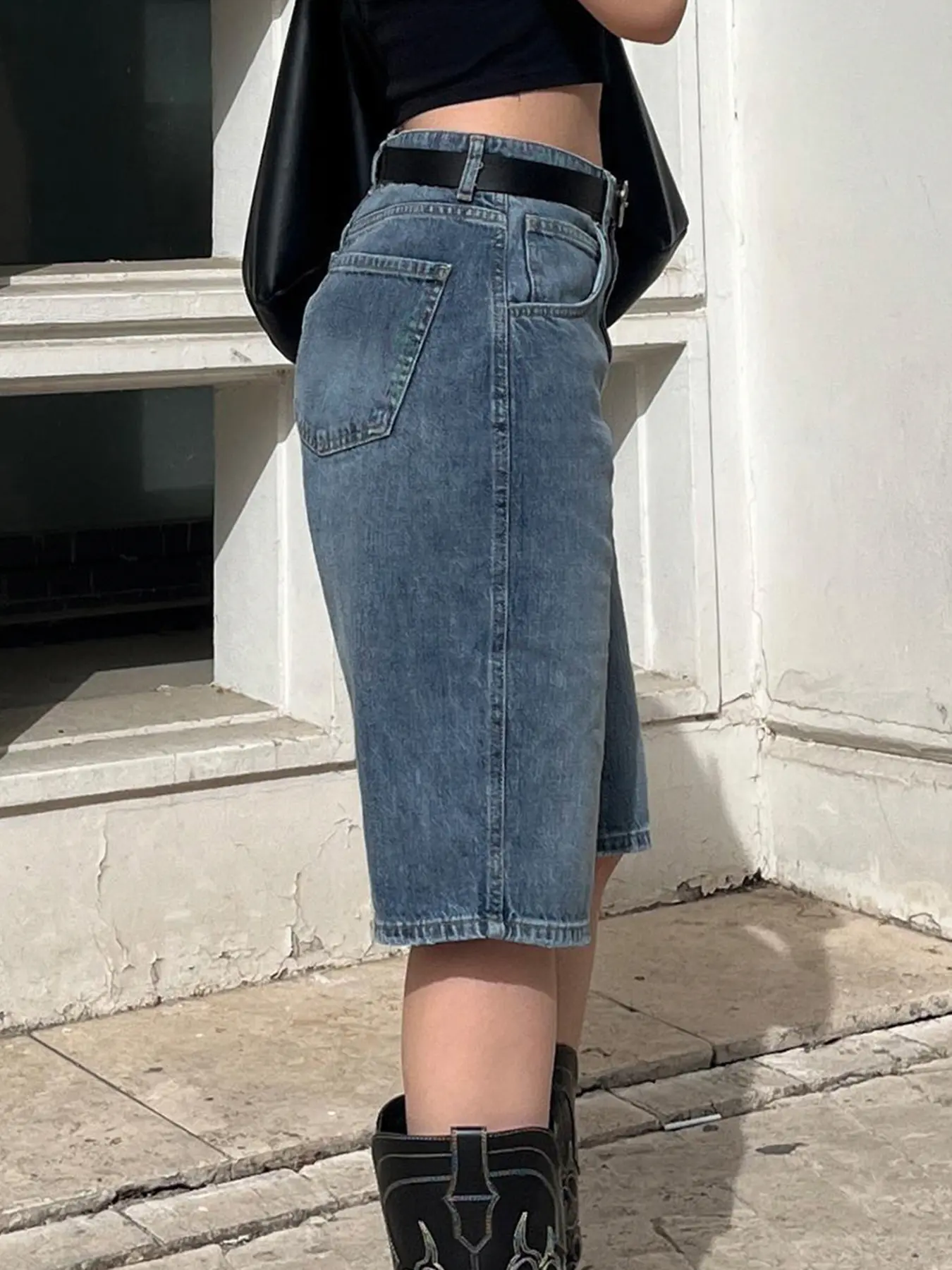 Rockmore Y2k Aesthetic Bermuda Denim Shorts 90s Vintage Low Rise Wide Leg Knee Length Jean Shorts Women Cowgirl Baggy Jorts