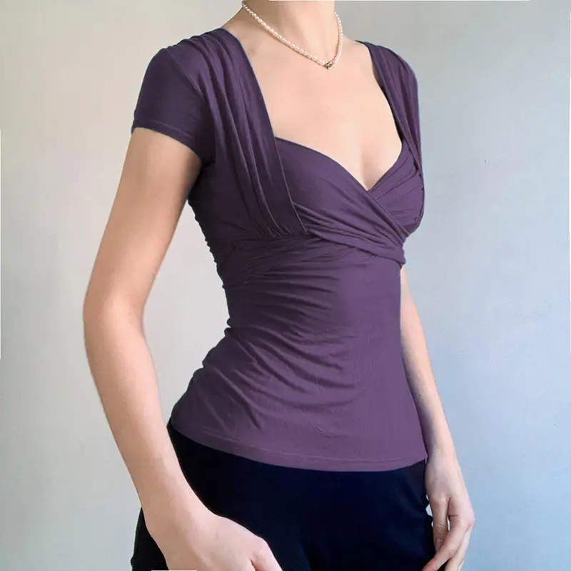 Rockmore Cross V Neck Milkmaid Women T-Shirts Causal Short Sleeve Slim Fit Tops Summer Fashion Simple Elegant Basic Solid Shirt