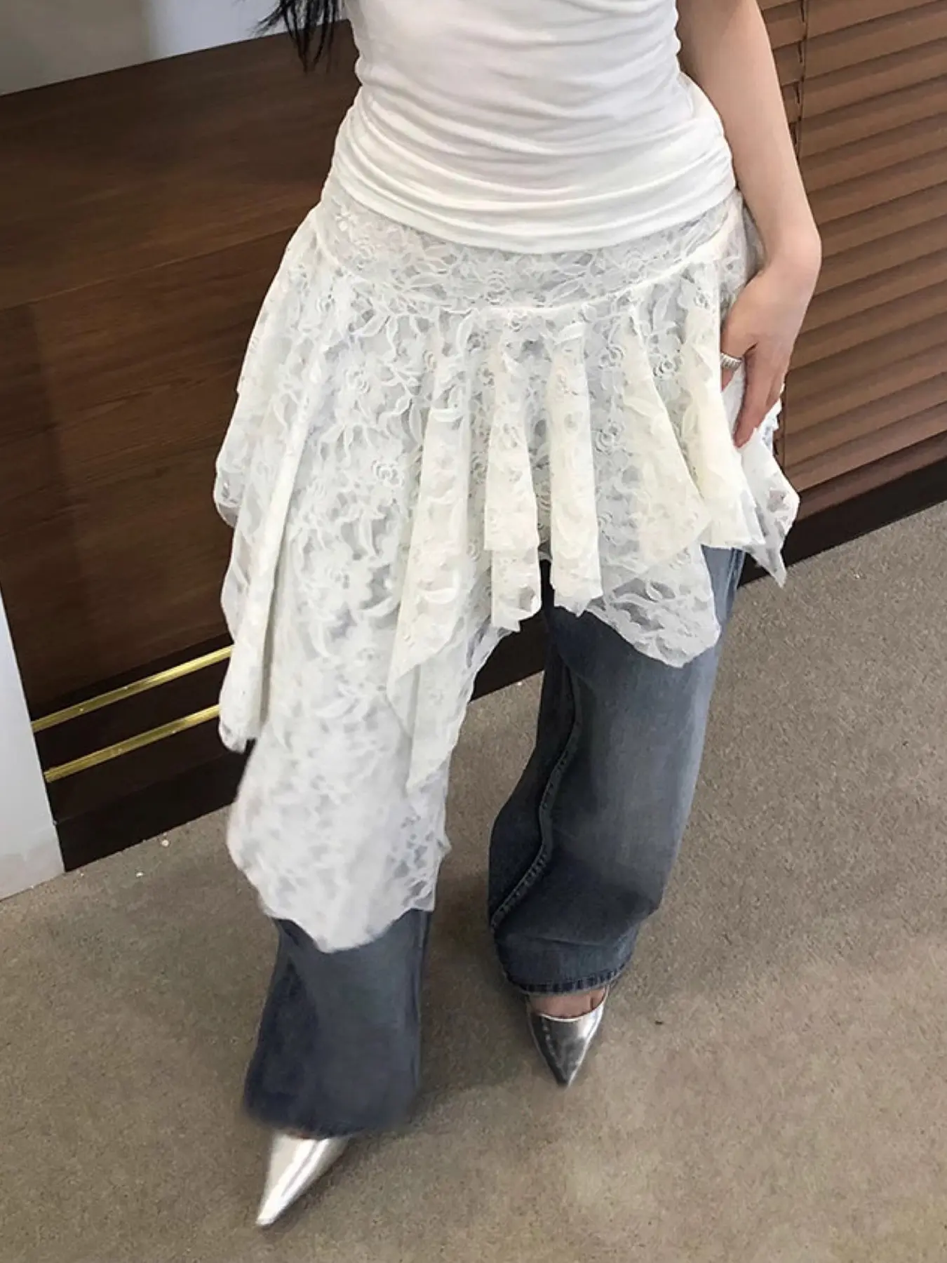 Rockmore Asymmetrical Lace Skirt Women Goth Street Ruffle Hem Mini Skirt Korean Harajuku Tiered Layer Pleated Skirts 90s Grunge