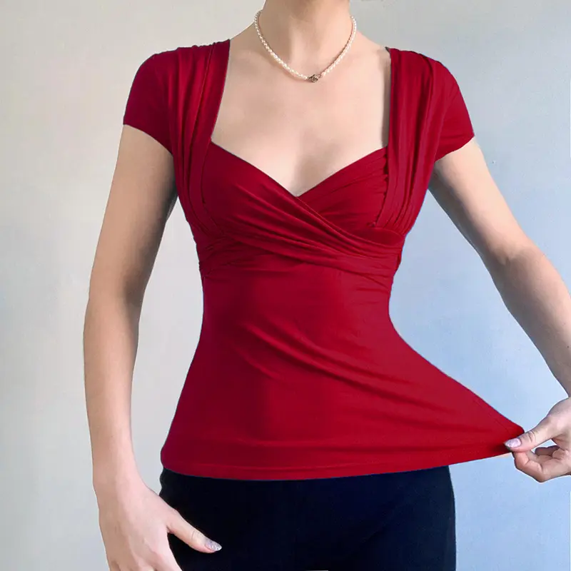 Rockmore Cross V Neck Milkmaid Women T-Shirts Causal Short Sleeve Slim Fit Tops Summer Fashion Simple Elegant Basic Solid Shirt
