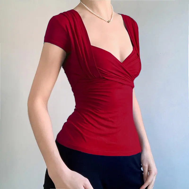 Rockmore Cross V Neck Milkmaid Women T-Shirts Causal Short Sleeve Slim Fit Tops Summer Fashion Simple Elegant Basic Solid Shirt