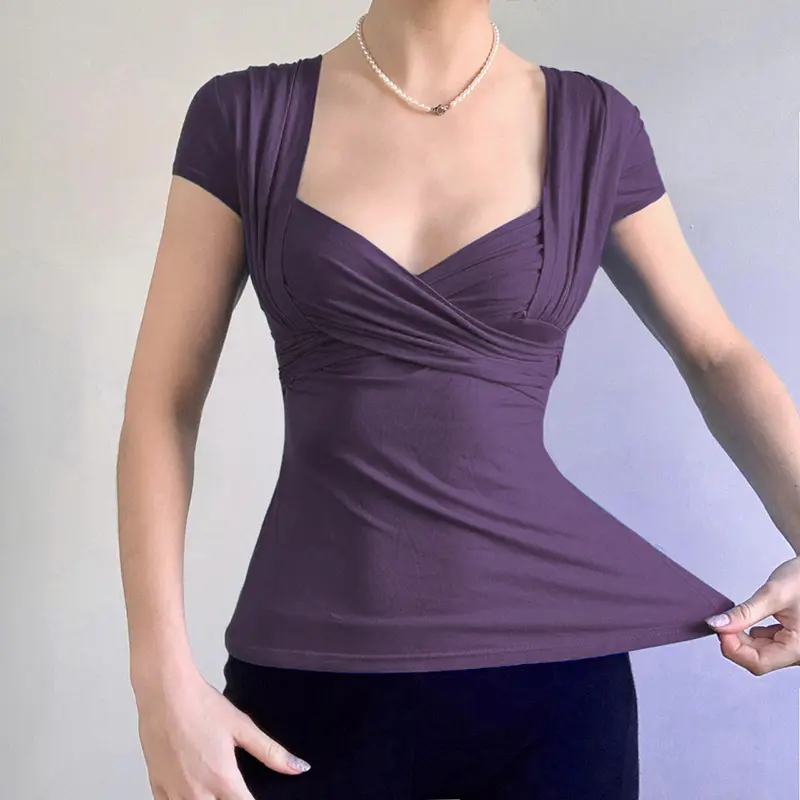 Rockmore Cross V Neck Milkmaid Women T-Shirts Causal Short Sleeve Slim Fit Tops Summer Fashion Simple Elegant Basic Solid Shirt