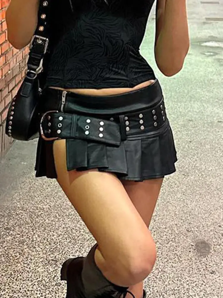 Rockmore PU Leather Women'S Mini Skirt Belt Low Waist Gothic Black Vintage y2k Streetwear Zipper Pleated Skirt Harajuku Korean
