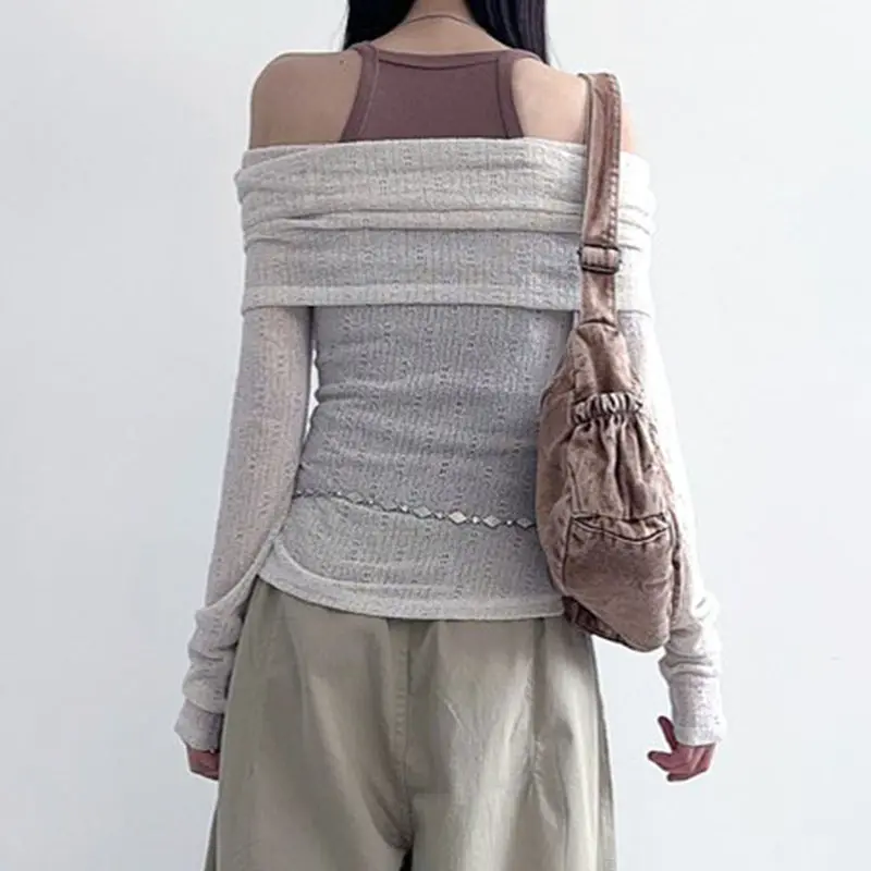 Rockmore Chic Retro One-Shoulder Printed Top Slim Thin Long Sleeve T-shirt Vintage Streetwear Aesthetic Harajuku Casual Outfits