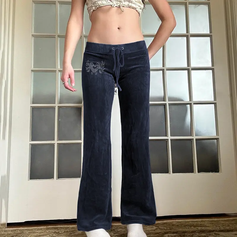Rockmore Retro Rhinestone Flare Pants Velvet Drawstring Casual Trouser Streetwear Cute Bottoms Y2K Aesthetic 2000s Women's Pants