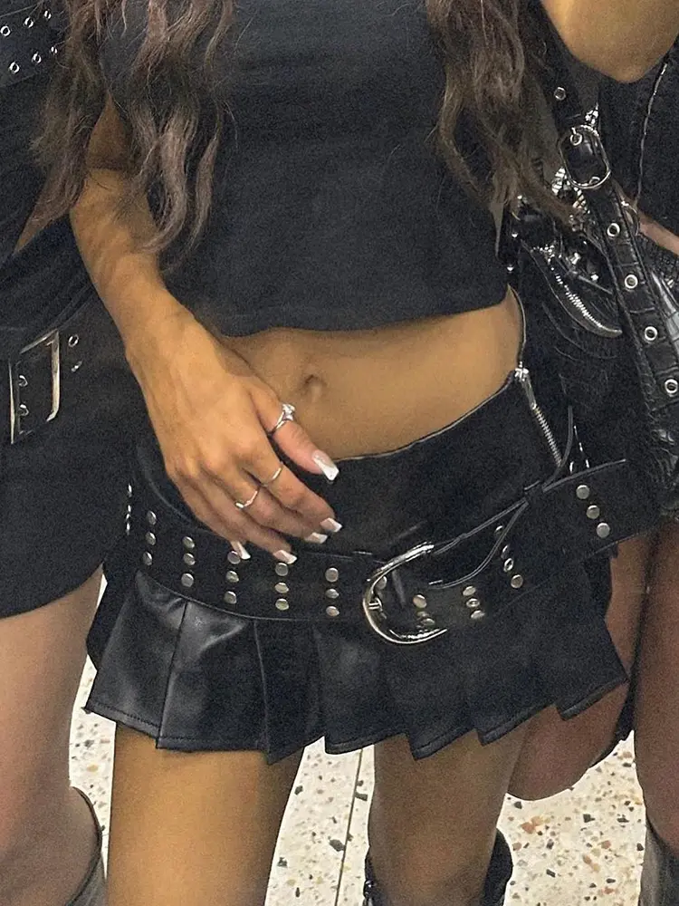 Rockmore PU Leather Women'S Mini Skirt Belt Low Waist Gothic Black Vintage y2k Streetwear Zipper Pleated Skirt Harajuku Korean