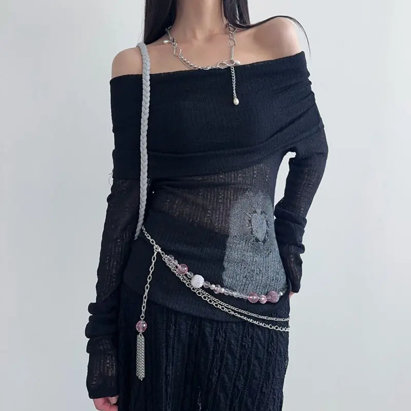 Rockmore Chic Retro One-Shoulder Printed Top Slim Thin Long Sleeve T-shirt Vintage Streetwear Aesthetic Harajuku Casual Outfits