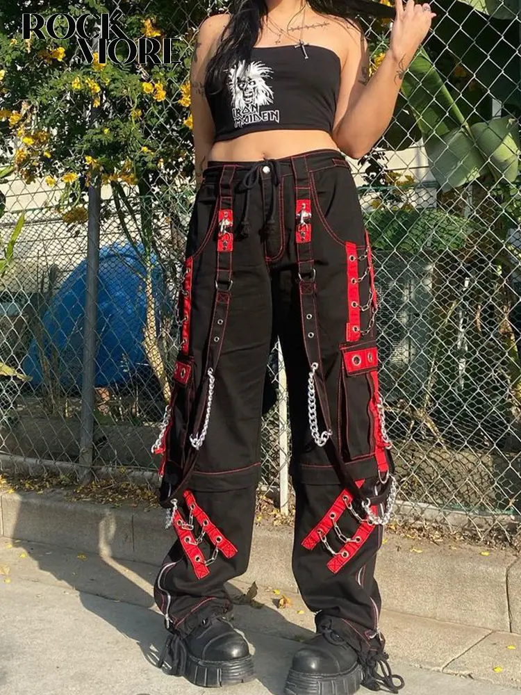 Rockmore Women Cargo Pants with Chain Fashion Harem Pants Punk Pockets Jogger Baggy Trousers Hip Hop Low Waist Streetwear Grunge