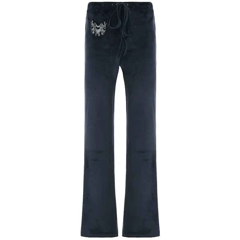 Rockmore Retro Rhinestone Flare Pants Velvet Drawstring Casual Trouser Streetwear Cute Bottoms Y2K Aesthetic 2000s Women's Pants
