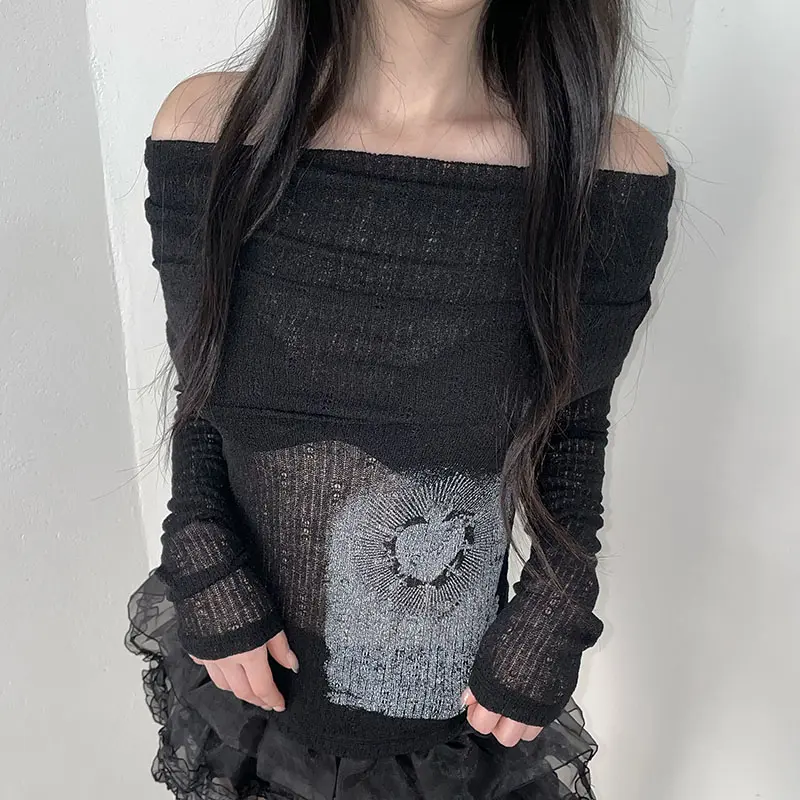 Rockmore Chic Retro One-Shoulder Printed Top Slim Thin Long Sleeve T-shirt Vintage Streetwear Aesthetic Harajuku Casual Outfits