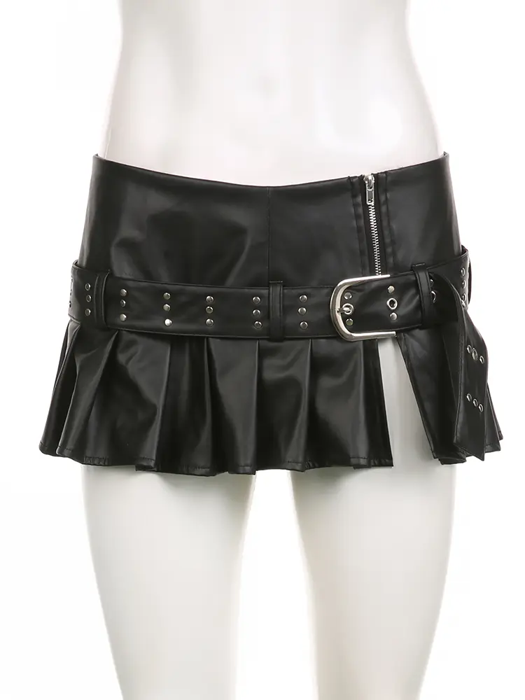 Rockmore PU Leather Women'S Mini Skirt Belt Low Waist Gothic Black Vintage y2k Streetwear Zipper Pleated Skirt Harajuku Korean