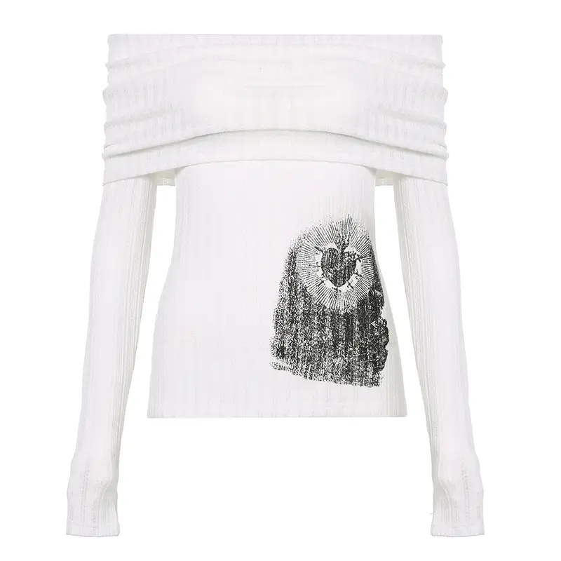 Rockmore Chic Retro One-Shoulder Printed Top Slim Thin Long Sleeve T-shirt Vintage Streetwear Aesthetic Harajuku Casual Outfits