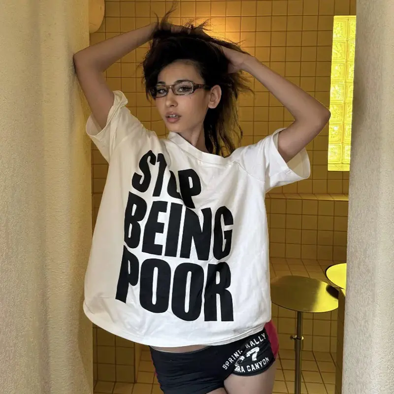 Rockmore American Letter Print Graphic T Shirts Summer Streetwear Off Shoulder Loose T-Shirt Y2k Street Harajuku Oversize Tops