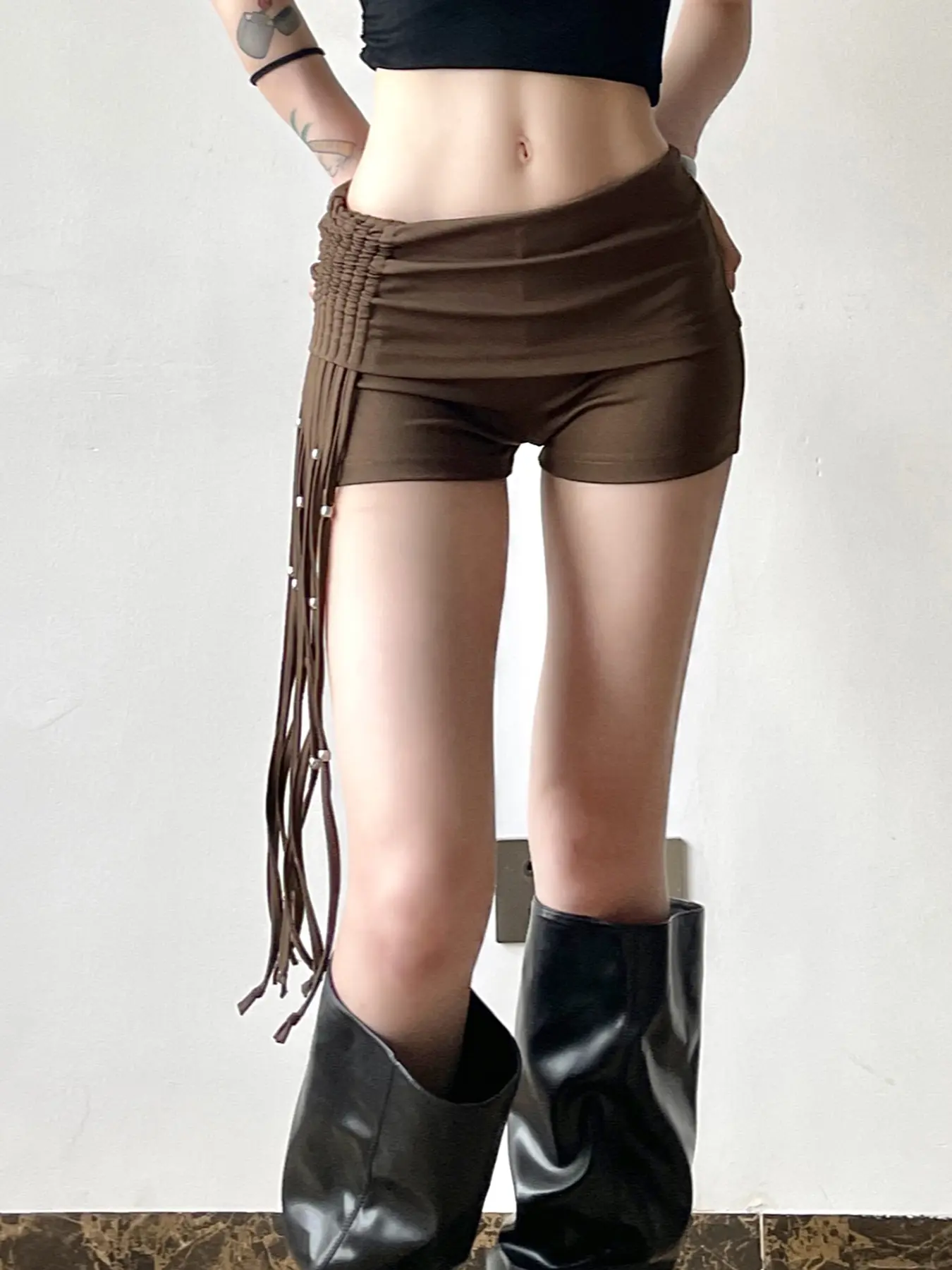 Rockmore Y2K Streetwear Drawstring Pleated Irregular Short Low Rise Lace-up Casual Slim Women'S Pantes Korean Fashion Short Pant