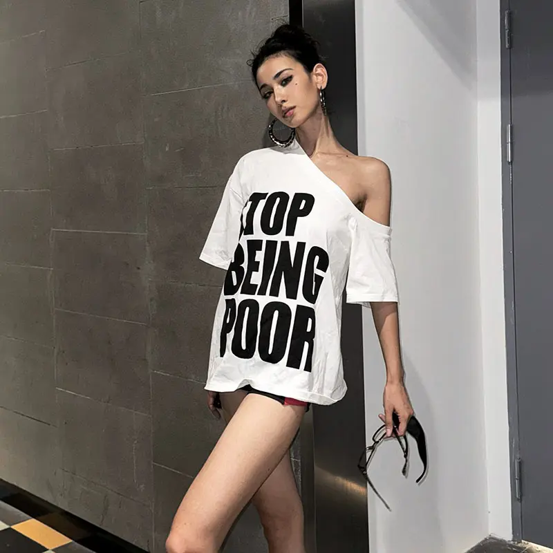 Rockmore American Letter Print Graphic T Shirts Summer Streetwear Off Shoulder Loose T-Shirt Y2k Street Harajuku Oversize Tops
