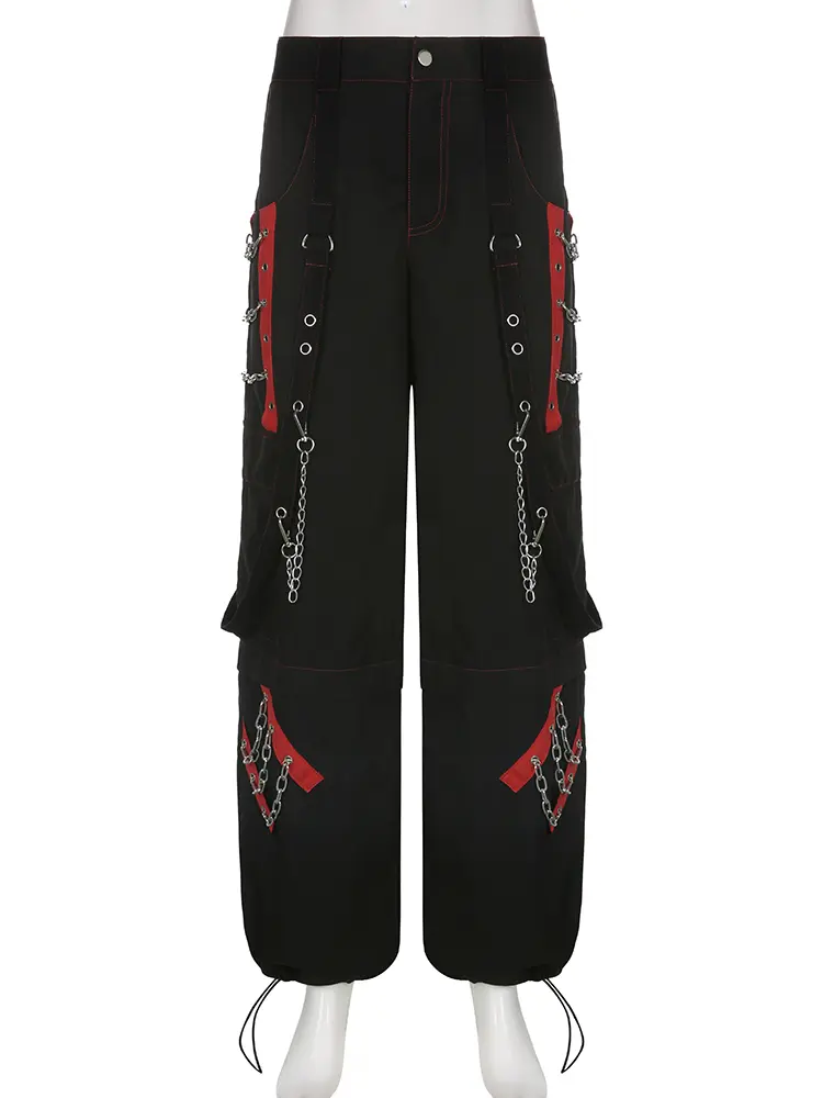 Rockmore Women Cargo Pants with Chain Fashion Harem Pants Punk Pockets Jogger Baggy Trousers Hip Hop Low Waist Streetwear Grunge