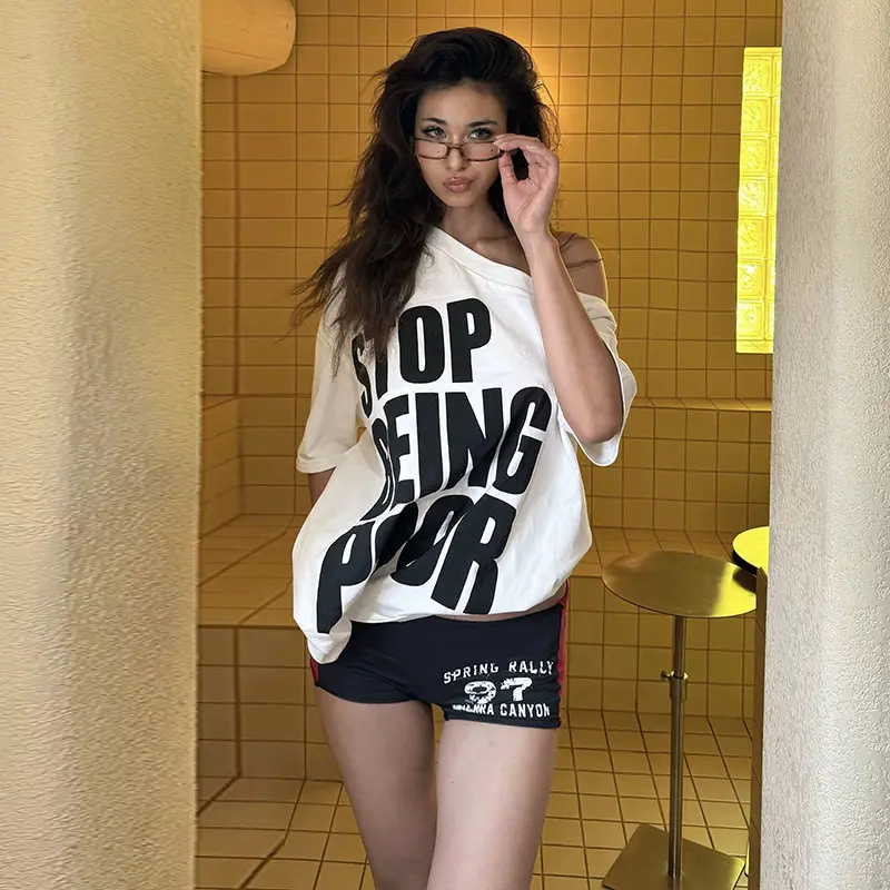 Rockmore American Letter Print Graphic T Shirts Summer Streetwear Off Shoulder Loose T-Shirt Y2k Street Harajuku Oversize Tops