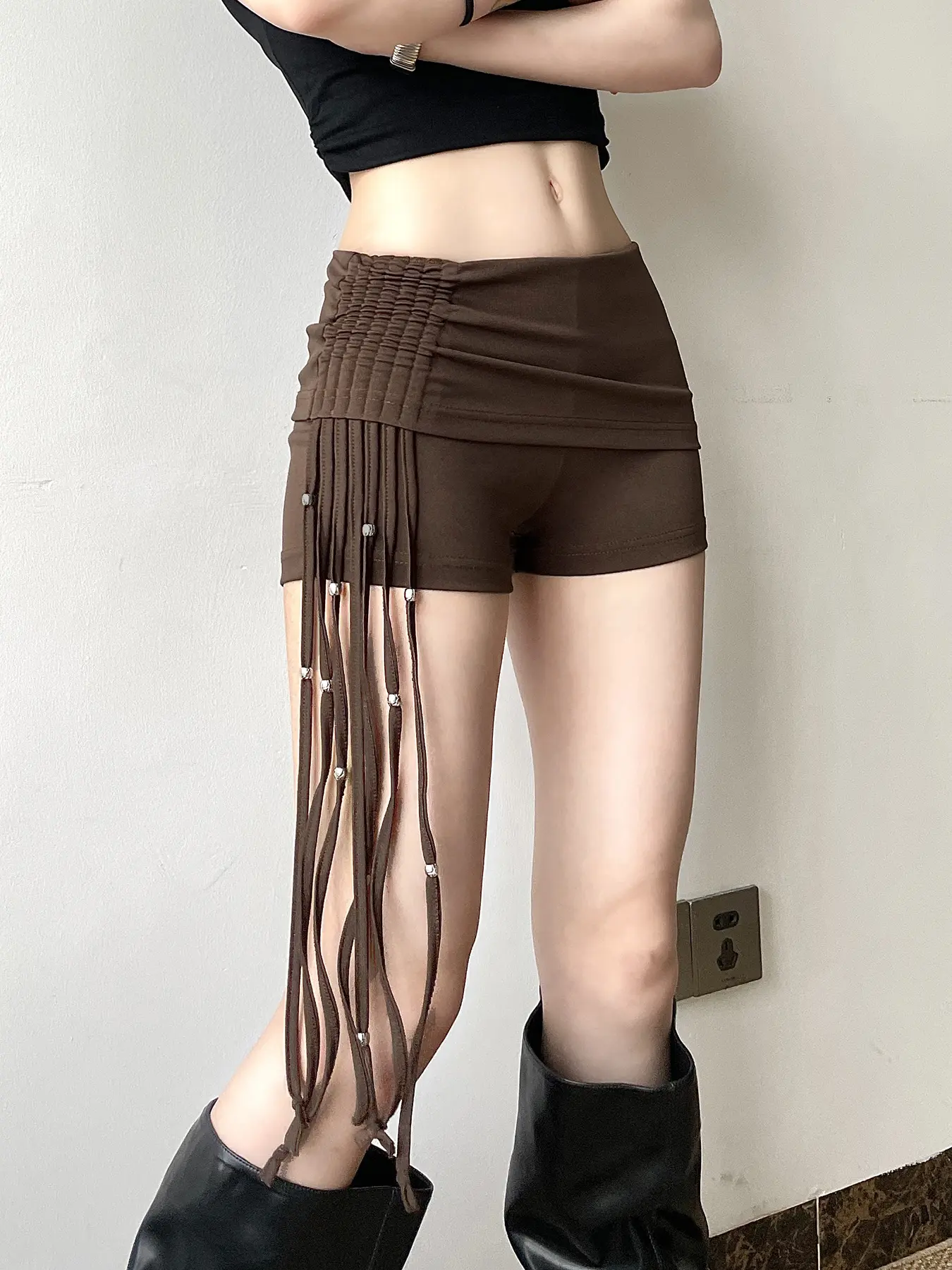 Rockmore Y2K Streetwear Drawstring Pleated Irregular Short Low Rise Lace-up Casual Slim Women'S Pantes Korean Fashion Short Pant