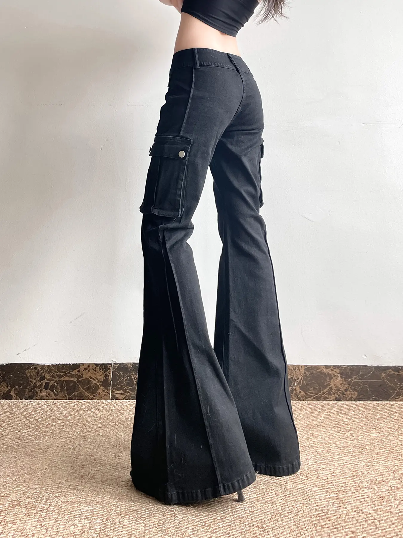 Rockmore Women's Black Slim Skinny Y2K Flare Jeans Metal Zipper Decoration Lady Low-waisted Trousers Aesthetic Streetwear Pants