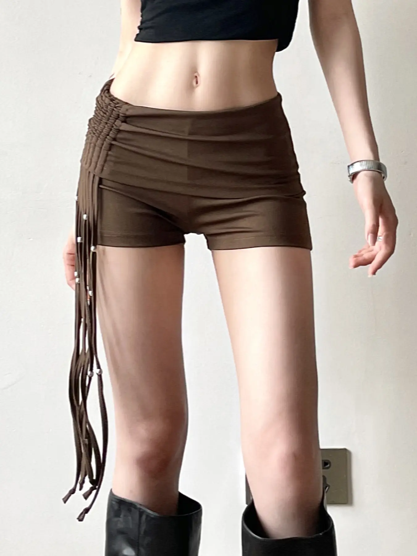 Rockmore Y2K Streetwear Drawstring Pleated Irregular Short Low Rise Lace-up Casual Slim Women'S Pantes Korean Fashion Short Pant