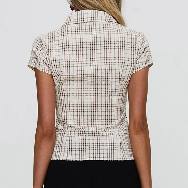 Rockmoer French Stripe Blouse Women Button-up Lapel Slim Shirt Y2K Vintage Street Elegant Short Sleeve Tops Preppy Downtown Girl
