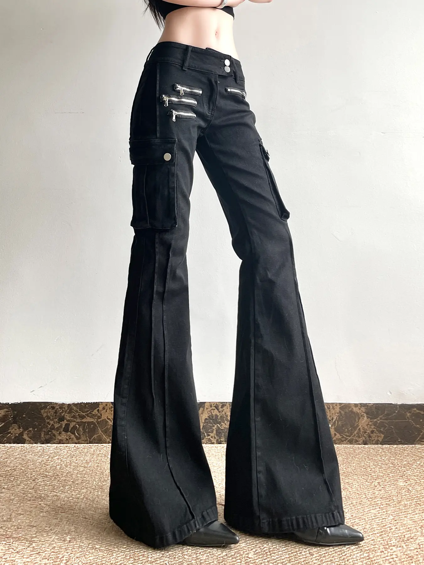 Rockmore Women's Black Slim Skinny Y2K Flare Jeans Metal Zipper Decoration Lady Low-waisted Trousers Aesthetic Streetwear Pants