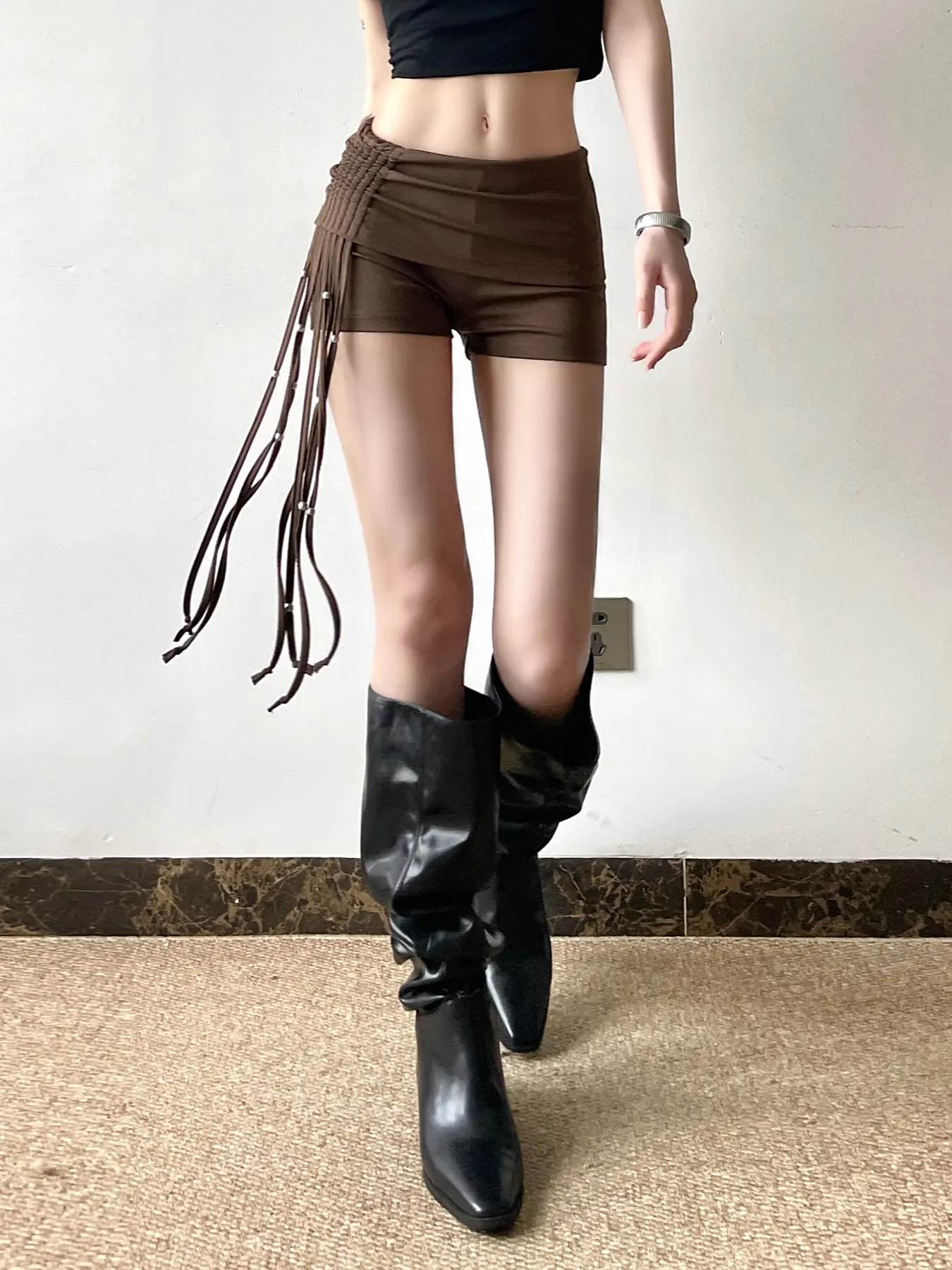 Rockmore Y2K Streetwear Drawstring Pleated Irregular Short Low Rise Lace-up Casual Slim Women'S Pantes Korean Fashion Short Pant