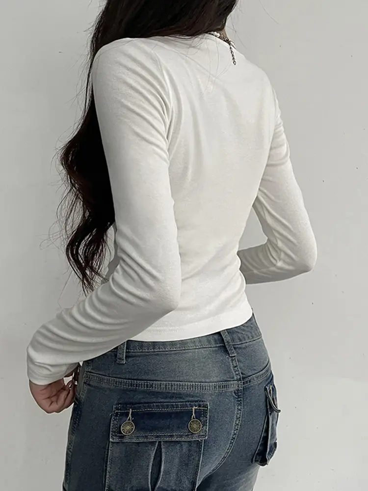 Rockmore Lace Stitching Kawaii T-Shirts Long Sleeve Spring Autumn Women Slim Casual Square Collar Basic Bottoming Pullover Tops