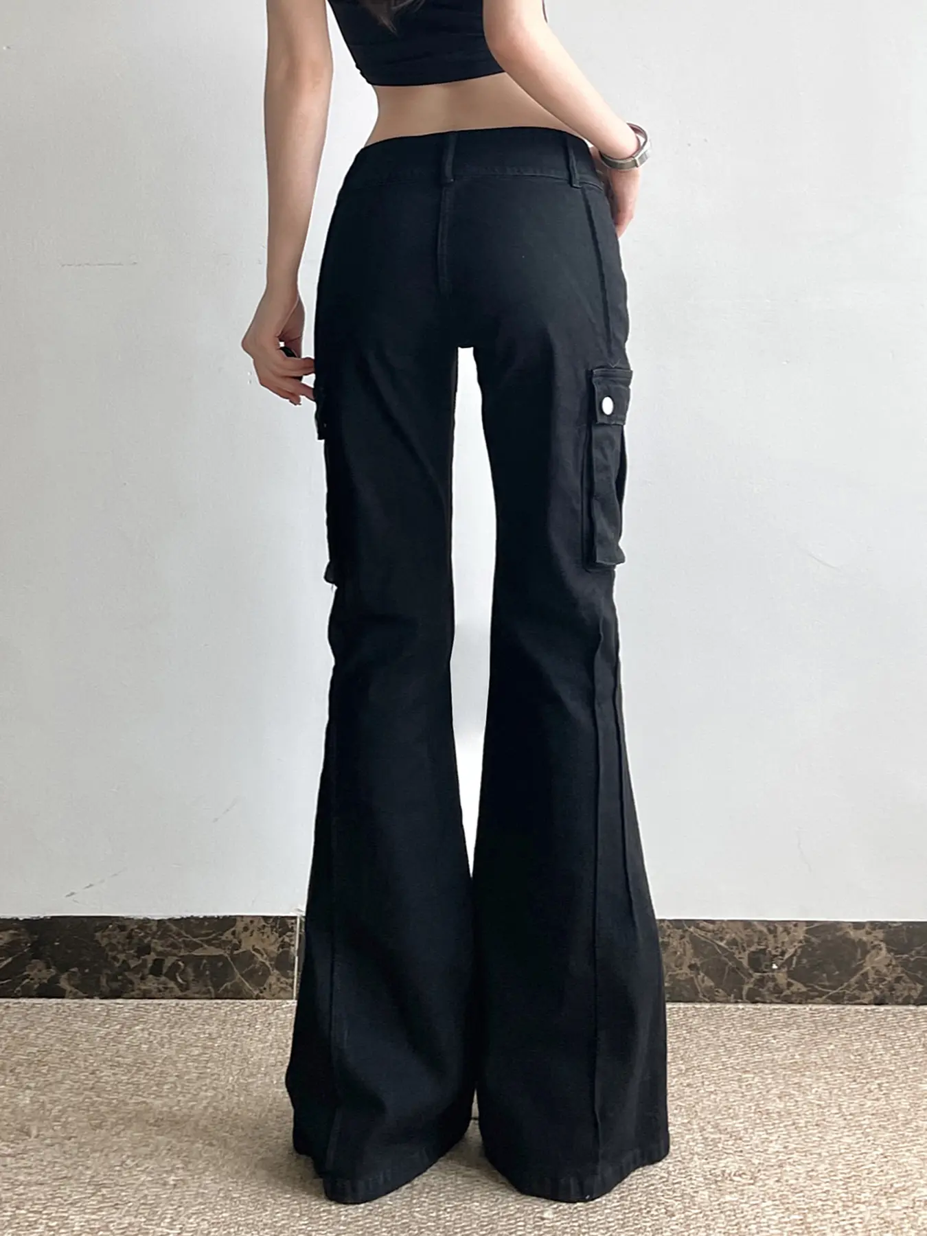Rockmore Women's Black Slim Skinny Y2K Flare Jeans Metal Zipper Decoration Lady Low-waisted Trousers Aesthetic Streetwear Pants