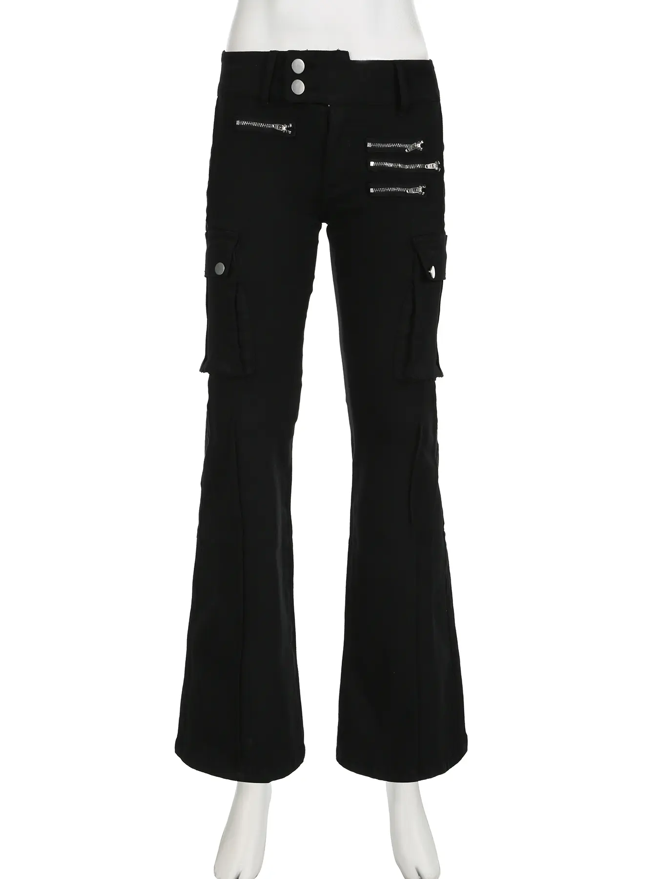 Rockmore Women's Black Slim Skinny Y2K Flare Jeans Metal Zipper Decoration Lady Low-waisted Trousers Aesthetic Streetwear Pants