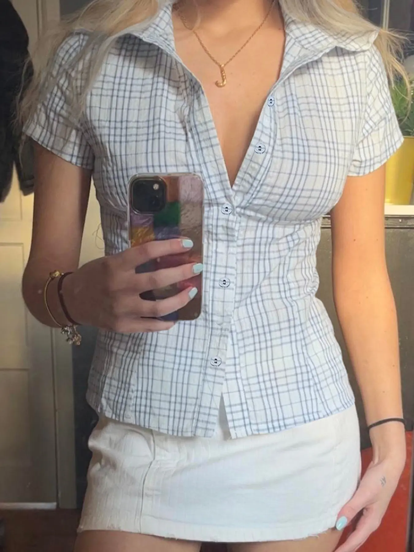 Rockmoer French Stripe Blouse Women Button-up Lapel Slim Shirt Y2K Vintage Street Elegant Short Sleeve Tops Preppy Downtown Girl
