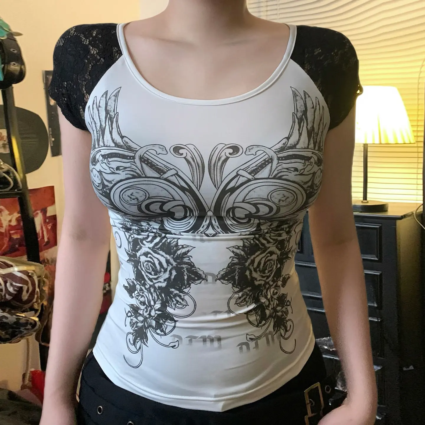 Rockmore Punk Goth Print Women's O-Neck T-shirt Summer Casual Basic Short Sleeve Tops y2k Aesthetic Contrast Grunge Fairycore