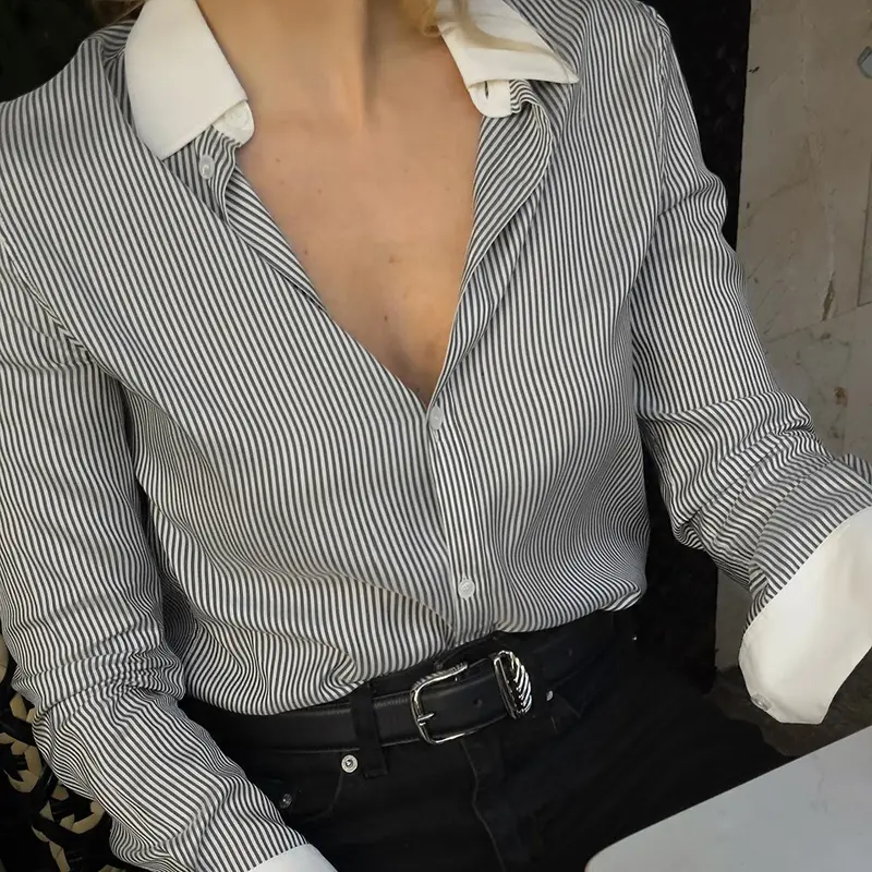 Elegant Striped Long Sleeve Women's Shirt Office Lady Casual Turn-Down Collar Buttons Basic Blouse Spring Autumn Versatile