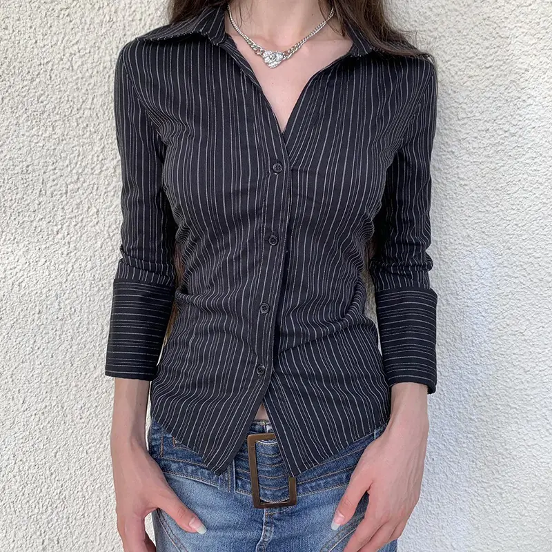 Women's Striped Long Sleeve Slim Fit Shirt Office Casual Turn-Down Collar Single Button Blouse Spring Autumn Basic Versatile