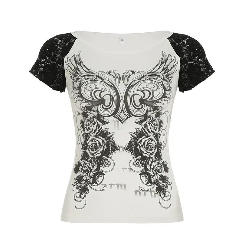 Rockmore Punk Goth Print Women's O-Neck T-shirt Summer Casual Basic Short Sleeve Tops y2k Aesthetic Contrast Grunge Fairycore
