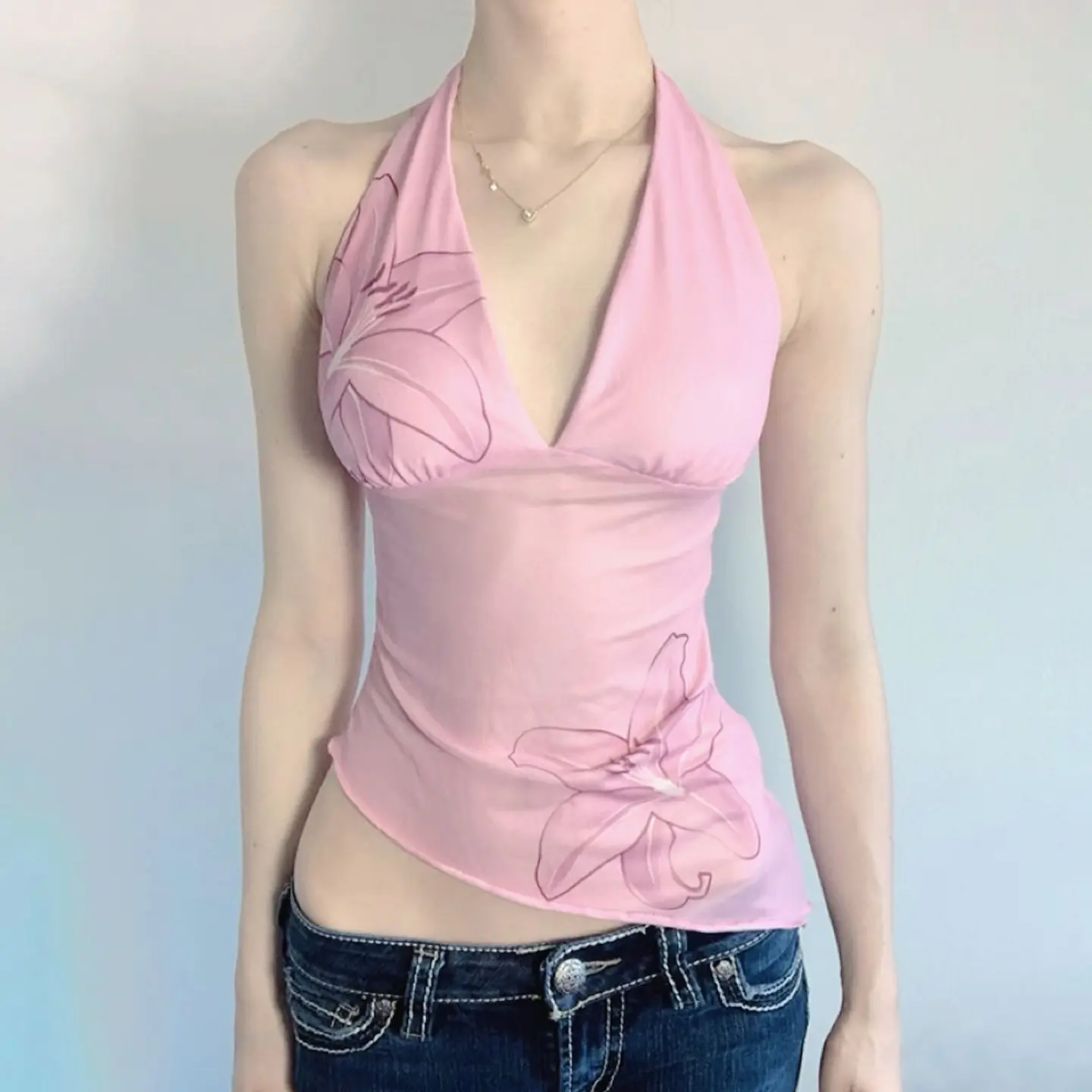 Rockmore Floral Print Mesh Sheer Camis Y2K Asymmetrical Hem Design Vest Summer Deep V Neck Lace-up Backless Crop Top for Women