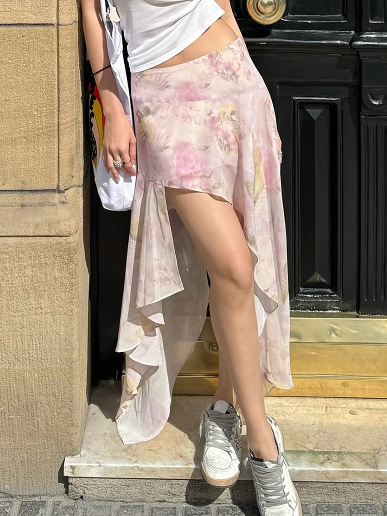 Rockmore Bohemian Floral Printed Mesh Skirt with Asymmetrical Ruffled Hem Romantic Elegant Beach Vacation Skirts for Summer