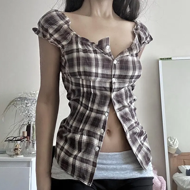 Rockmoer Tartan Plaid Sweet Slim Blouse for Women 2000s Summer Retro Preppy Cute Shirt Y2K Fairycore Button-up Square Collar Top