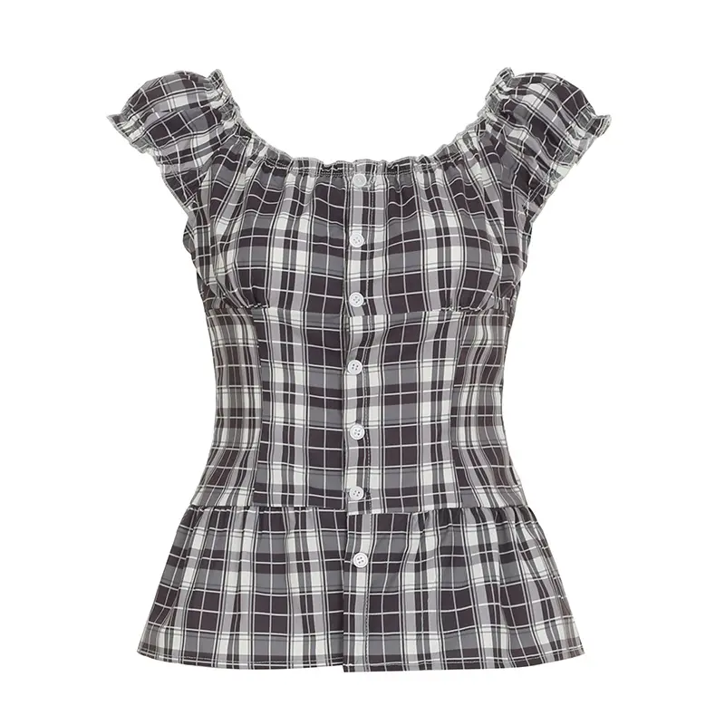 Rockmoer Tartan Plaid Sweet Slim Blouse for Women 2000s Summer Retro Preppy Cute Shirt Y2K Fairycore Button-up Square Collar Top