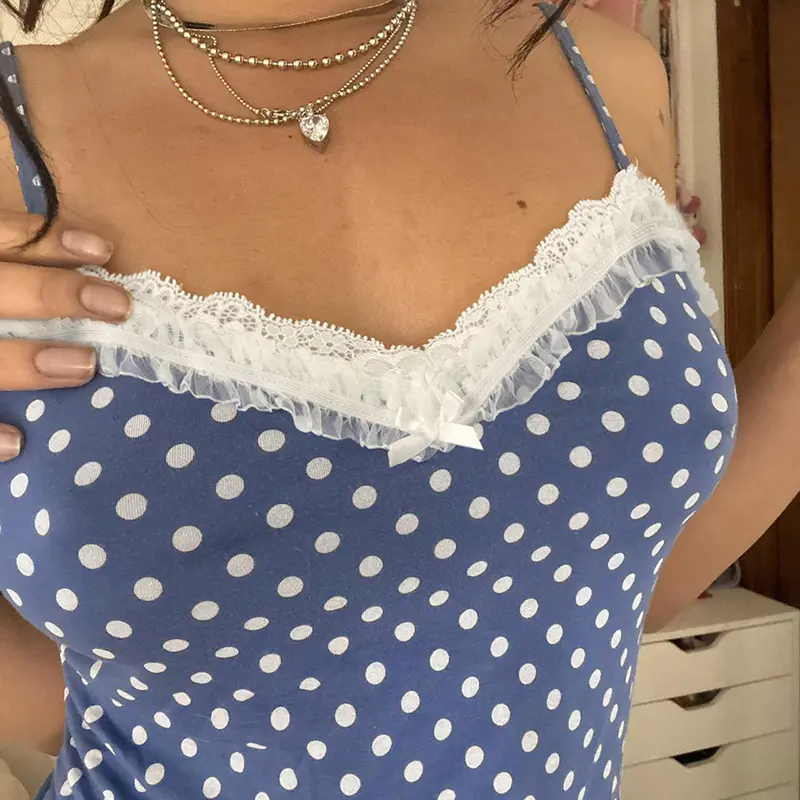 Polka Dot Lace Trim Cami Top & Shorts Set Y2K Aesthetic Sweet Summer Sleeveless Vest and Mini Pants Women's Casual Two-Piece