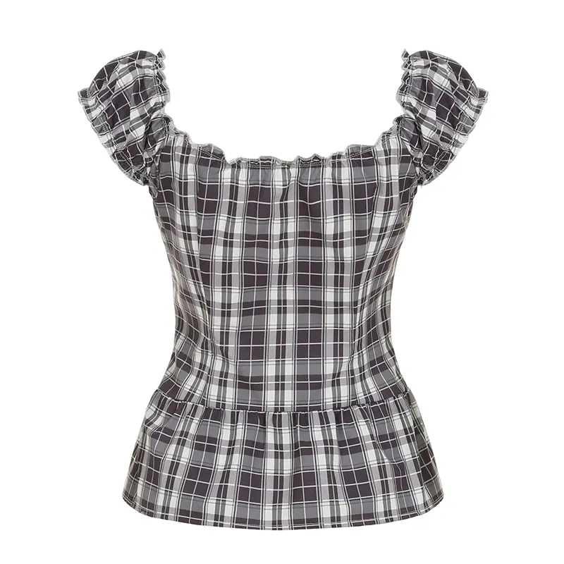 Rockmoer Tartan Plaid Sweet Slim Blouse for Women 2000s Summer Retro Preppy Cute Shirt Y2K Fairycore Button-up Square Collar Top