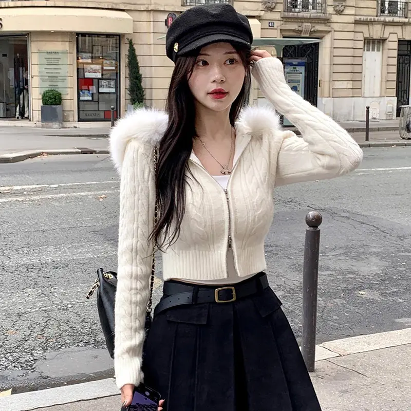 Rockmore Furry Hooded Sweaters Coat Autumn Winter Women Casual Hoodie Y2K Zipper Cropped Sweater Jacket Korean Female Knitwear