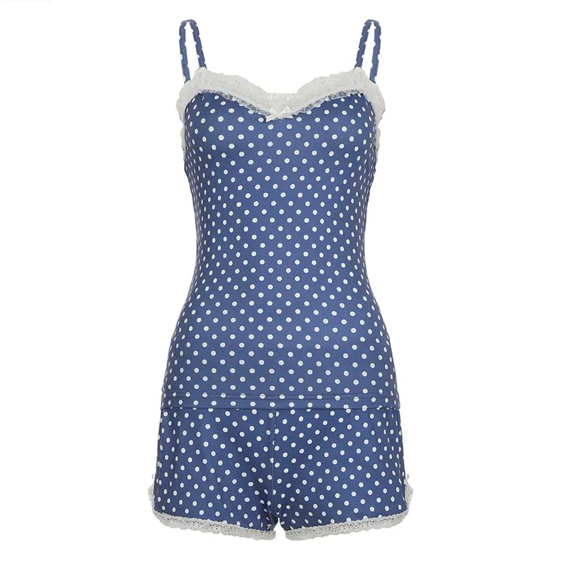 Polka Dot Lace Trim Cami Top & Shorts Set Y2K Aesthetic Sweet Summer Sleeveless Vest and Mini Pants Women's Casual Two-Piece