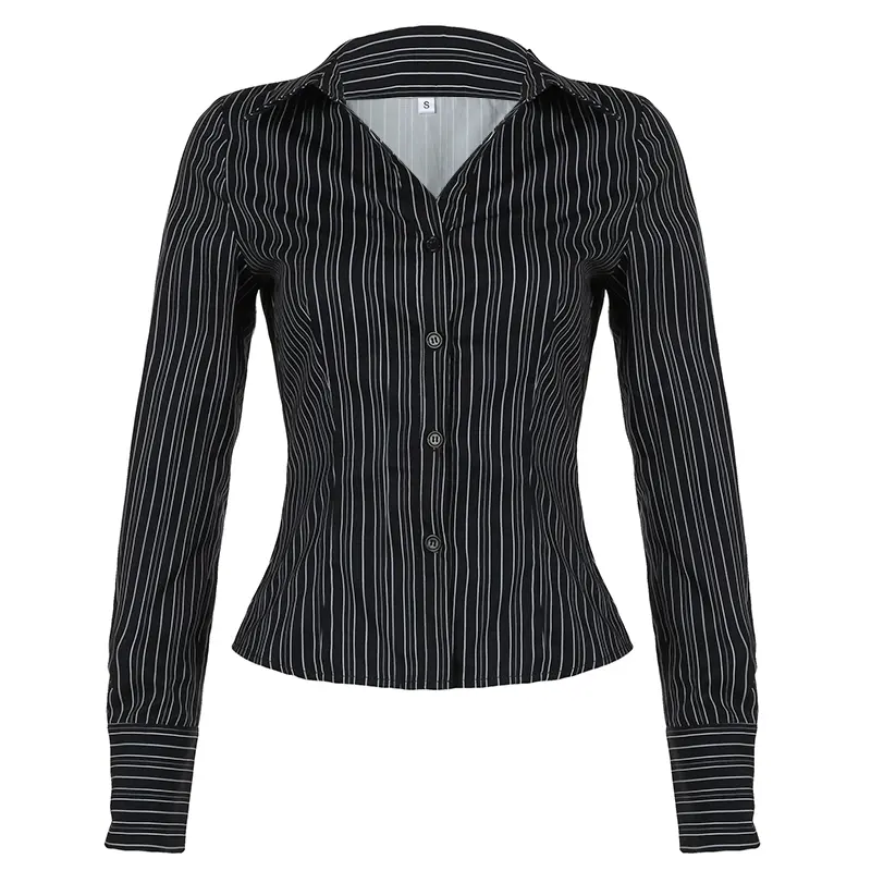 Women's Striped Long Sleeve Slim Fit Shirt Office Casual Turn-Down Collar Single Button Blouse Spring Autumn Basic Versatile
